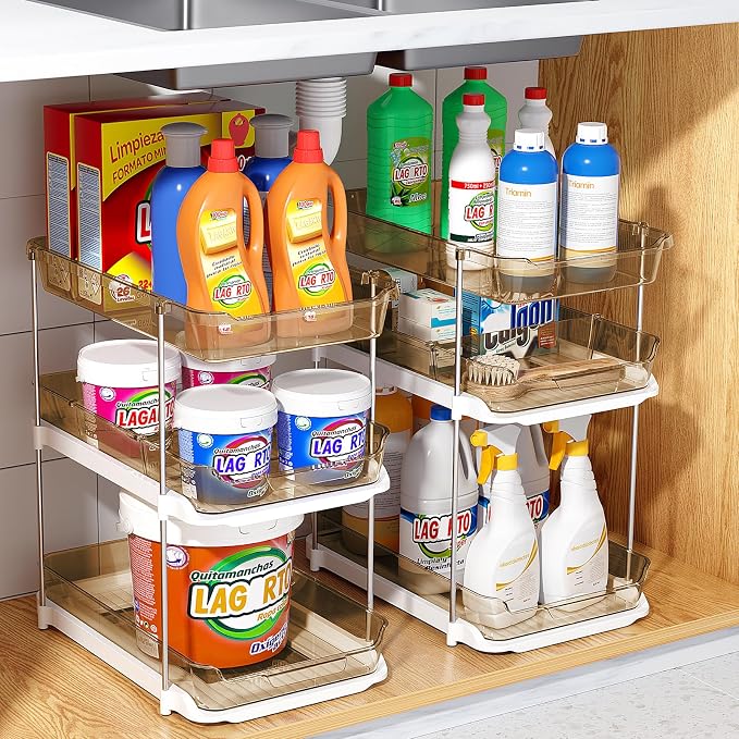 Delamu 2 Pack 3-Tier Bathroom Under Sink Organizers and Storage, Multi-Purpose Stackable Pantry Organization and Storage, Pull Out Clear Kitchen Bathroom Cabinet Organizer with Movable Dividers, Amber