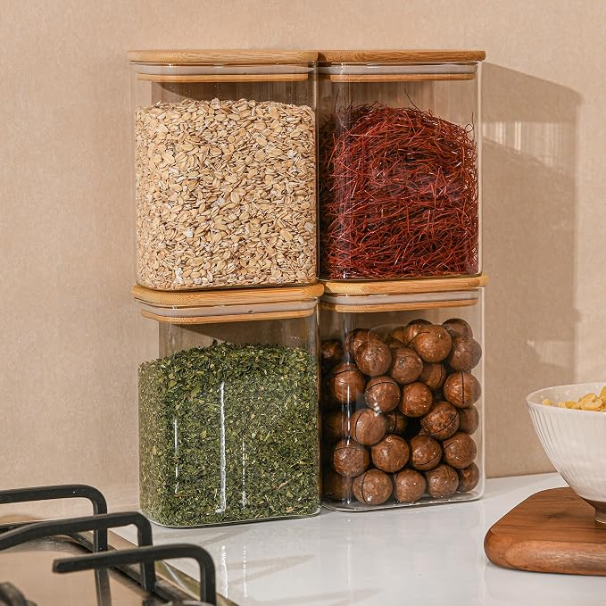 D2scrma 37oz Rectangle Airtight Glass Storage Containers with Bamboo Lids (Set of 4), Square Food Storage Jar, Pantry Organizers for Cereal, Nuts, Snacks and Coffee beans (‎with Black Lable)