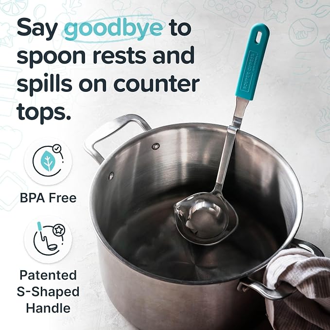 Souper Cubes + Lori Greiner No Mess Stainless Steel Soup Ladle with Silicone Handle - Metal Soup Ladle with No Mess Design That Hooks on Side of Any Pot - Aqua