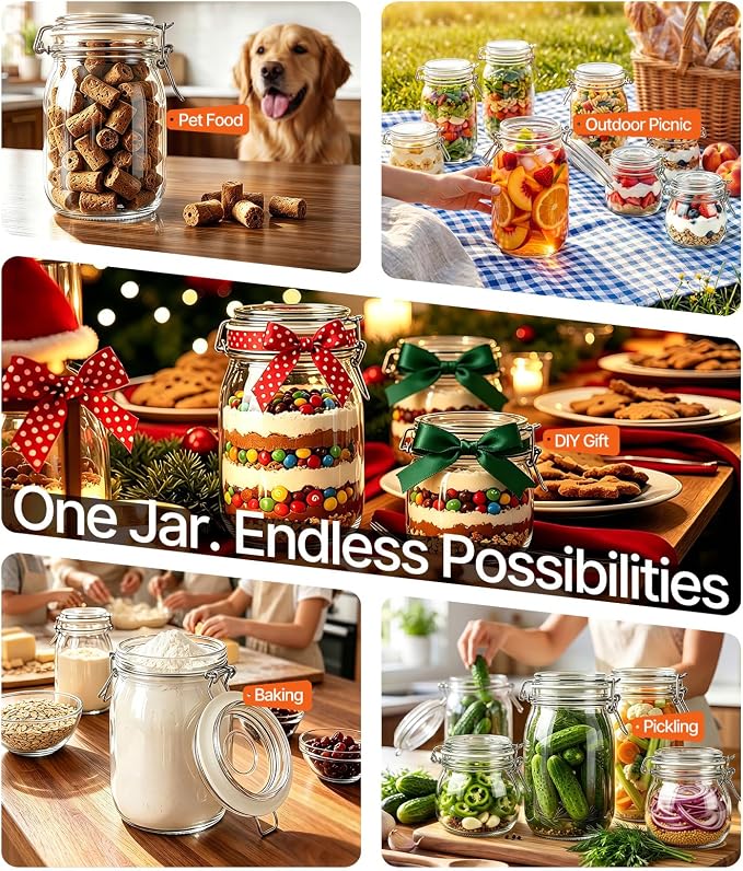 17oz Glass Storage Jars with Airtight Lids, 6 Pack - Wide Mouth | Food-Grade Glass Canisters & Pickling Jars for Pantry, Overnight Oats & Flour. Stainless Steel Clamp & 2.8mm Silicone Seal