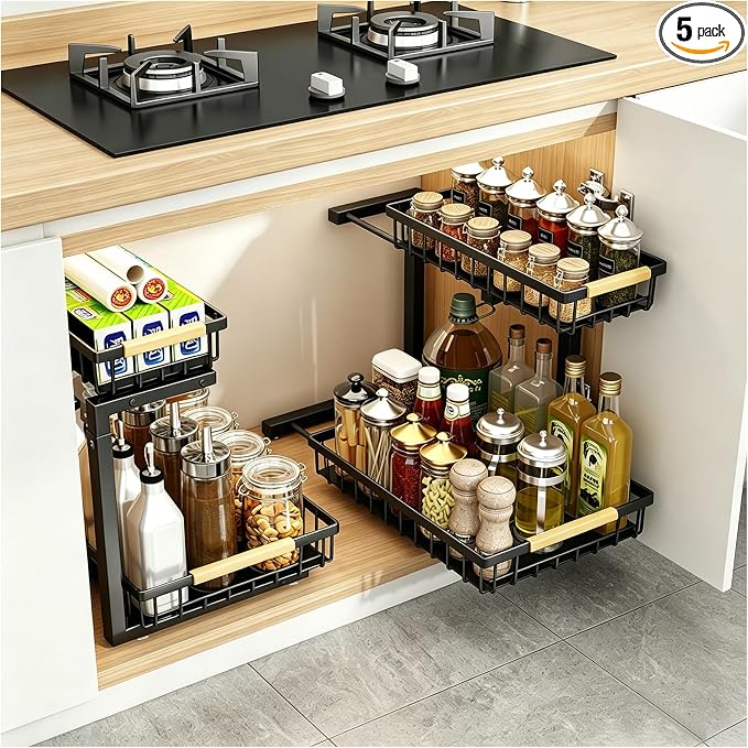 2 Pack Under Sink Organizer, 2-Tier Pull Out Kitchen Cabinet Organizer, Height Adjustable Metal Slide Out Bathroom Organizers and Storage Makeup Drawer Organizer for Office Bedroom (B-Black, 2Pack)