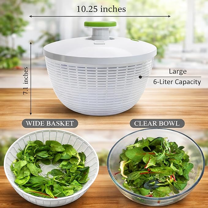 Brieftons Large 6.2-Quart Collapsible Salad Spinner: Manual One-Handed Pump Vegetable Washer Dryer Drainer Strainer, BPA-Free Bowl, Basket Colander & Lid, Compact Storage, for Greens Herbs Fruits