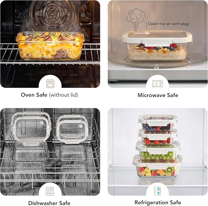4 Pack Glass Produce Storage Containers for Fridge with Glass Lids | 82oz Borosilicate Produce & Meal Prep Containers, Airtight Leakproof BPA Free Fridge Organizer, Microwave Dishwasher Safe