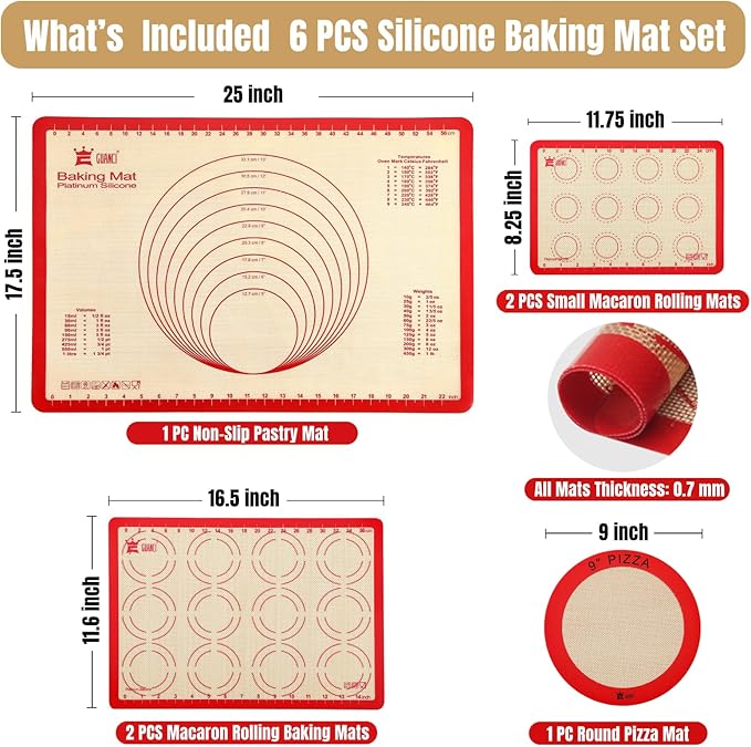 GUANCI Silicone Baking Mat Set of 6, Includes 25"x17.5" Large, 2 Medium 16.5"x11.6", 2 Small 11.75"x8.25", 9" Round, All Mats 0.70mm Thick, Non-Stick Reusable Baking Mats for Pizza, Cookie, Bread