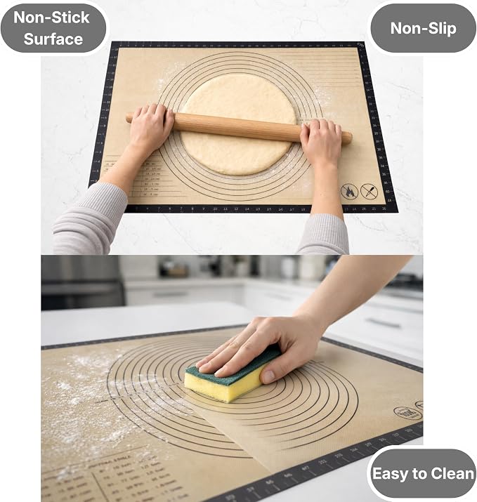 Silicone Pastry Mat with Measurements, 26 x 16 Inch Extra Thick Non-Slip Nonstick Large Baking Mat for Dough Rolling, Kneading, Fondant and Pie, Gray