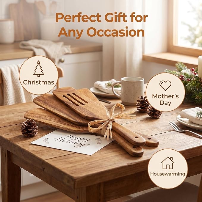 Wooden Spurtle Set As Seen On TV, AOOSY 5 Pcs Natural Acacia Wood Spatula Kitchen Tools Utensil Set Heat Resistant Non Stick Wood Cookware, Slotted Spatula for Stirring