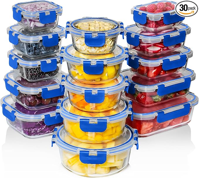 Razab 30 PC Glass Food Storage Containers with Lids - Reusable Glass Meal Prep Containers for Lunch and Leftovers - Airtight & Leakproof Snap Locking Lids - Oven, Freezer, Microwave, Dishwasher Safe
