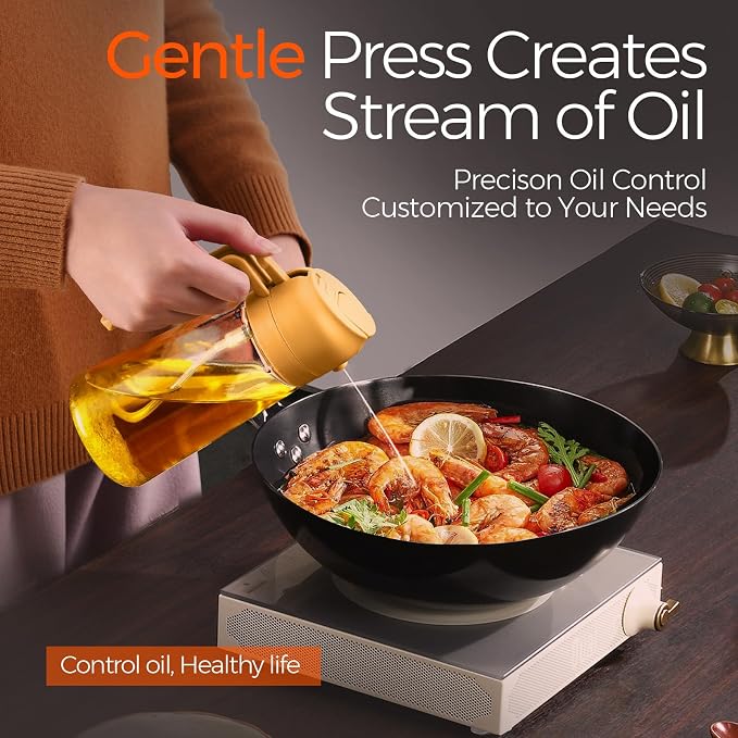 YARRAMATE 16 oz 2-in-1 Glass Olive Oil Sprayer for Cooking, Orange | Food-grade dispenser bottle, 470 ml, spray and pour, portion control, stickers included, for salad, frying and BBQ