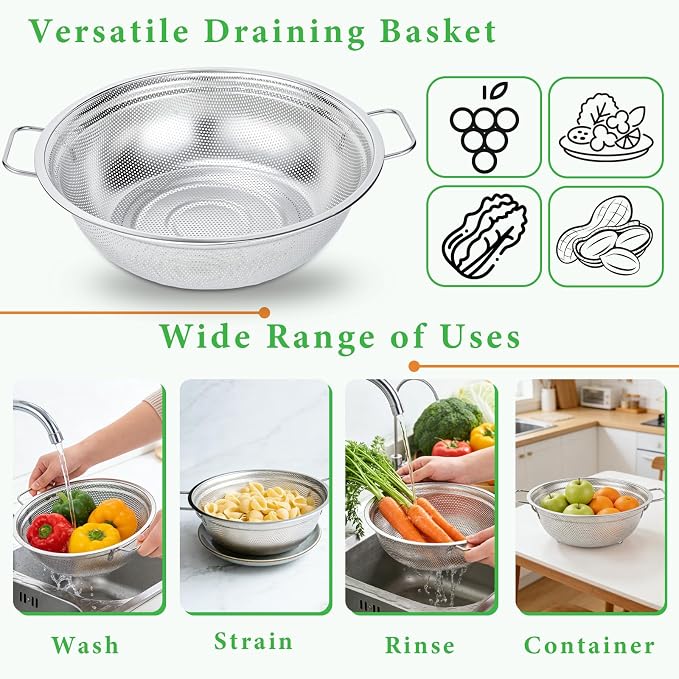 Stainless Steel Colander Set of 3 - Micro-Perforated Metal Strainer for Draining Pasta, Washing Rice & Rinsing Vegetables - Heavy Duty & Dishwasher Safe Kitchen Colanders - 2, 3, 5 Quart