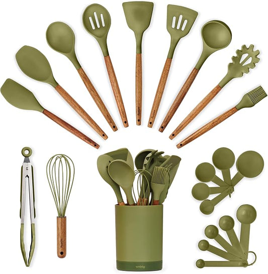 Silicone Kitchen Utensils Set & Holder: Cooking Utensils Set - Kitchen Essentials for New Home & 1st Apartment- Silicone Spatula Set, Cooking Spoons for Nonstick Cookware (Acacia Wood, Green)