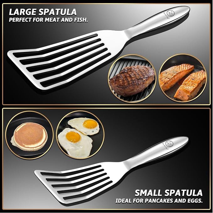 Stainless Steel Fish Spatula Set – 1 Large Fish Turner + 1 Small Metal Spatula, Ultra-Thin Edge for Easy Turning & Flipping, Metal Kitchen Utensils with Ergonomic Non-Slip Handle, Dishwasher Safe