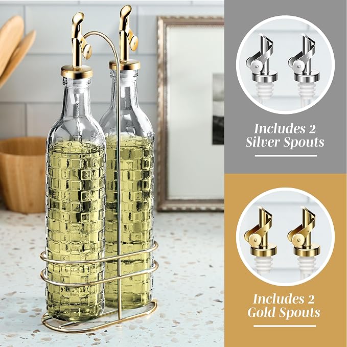 COOK WITH COLOR Glass Olive Oil Bottle Dispenser - 2 Pack- 17oz Oil and Vinegar Cruet - Olive Oil Carafe Decanter for Kitchen, Checkered, Clear