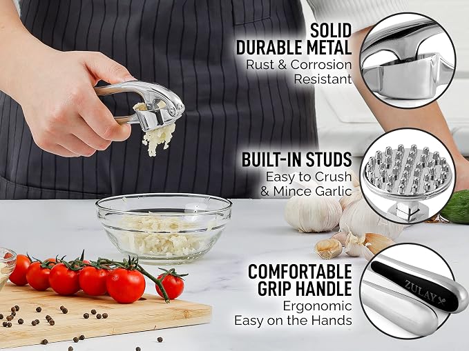 Zulay Kitchen Premium Garlic Press Set - Rust Proof Professional Garlic Mincer Tool - Easy-Squeeze, Easy-Clean with Soft, Ergonomic Handle - Silicone Garlic Peeler & Brush (Chrome)