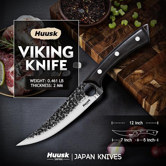 Huusk Viking Boning Knife 6 inch, Japanese Boning Knives for Meat Cutting, Full Tang Fillet Knife with Sheath, Brisket Trimming Knives for BBQ, Camping, Christmas Gift for Men and Women