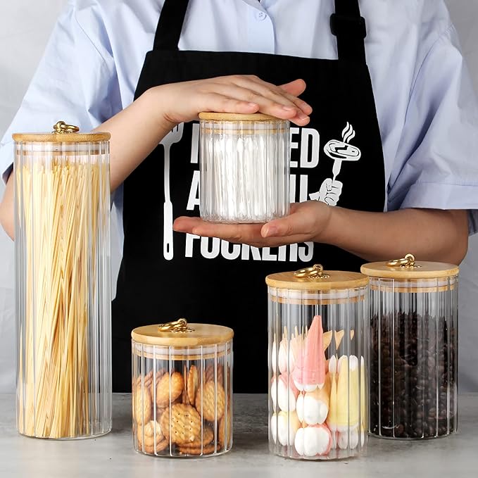 Glass Storage Jars Set of 5, Coffee Bar Canister with Airtight Bamboo Lid | Metal Ring, Ribbed Borosilicate Glass Container, Home Kitchen Pantry Storing Coffee, Candy, Sugar, Tea, Nuts, Oatmeal, Pasta