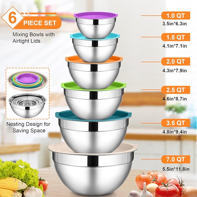 LIANYU Mixing Bowls with Lids Set, Large 7 & 3.5 & 2.5 & 2 & 1.5 & 1QT | 6 Piece Stainless Steel Serving Bowls, Kitchen Metal Nesting Bowl for Cooking, Food Storage, Dishwasher Safe, Multi-Color