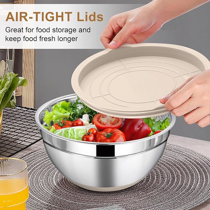 LIANYU 6 Piece Mixing Bowls Set with Airtight Lids, Metal Nesting Bowl | Size 7, 3.5, 2.5, 2, 1.5, 1QT, Stainless Steel Bowls for Kitchen Baking Cooking Serving Food Storage, Non-slip Bottom, Khaki