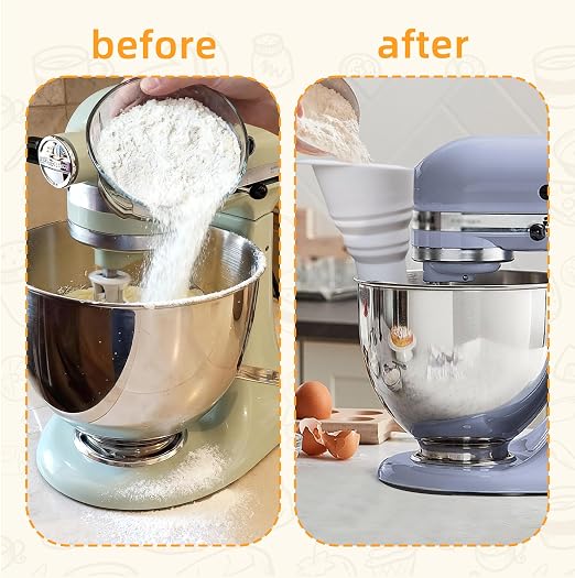 1PC Silicone Flour Funnel for Kitchen Aid Mixer,Foldable Wide-Mouth Design,Anti-Clog and Splash-Proof,Easy to Pour,Suitable for KitchenAid Artisan KSM150 5-Quart Tilt-Head Mixer,Dishwasher-Safe