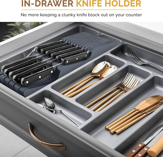 Grey Knife Drawer Organizer - In Drawer Knife Block with 16 Knife Slots, Bamboo Knife Holder Insert, Safe Blade Down Knife Storage Tray for Kitchen Drawers, Cutlery Utensil Holder, Knife Rack, Gray