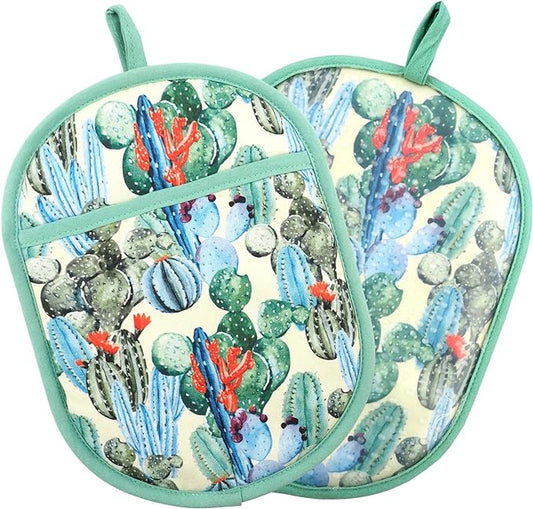 Pot Holders Set of 2 with Transparent Clear Silicone Shell and Nice Cactus Flower Cotton Lining, Heat Resistant to 500 F Kitchen Oven Gloves Pot Holder for Cooking (Cactus Flower, Potholders)