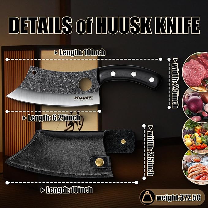 Huusk Knives Japan, Hand Forged Meat Cleaver Knife with Sheath, High Carbon Steel Kitchen Knife for Meat and Vegetables, Full Tang Butcher Knife for Camping, BBQ, Christmas Gift for Men and Women