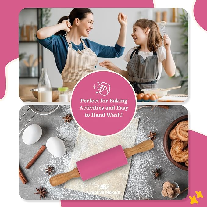 Small Rolling Pin for Kids, Non-Stick Silicone Surface with Wooden Handles for Play Dough and Baking Rolling Pin (Hot Pink)