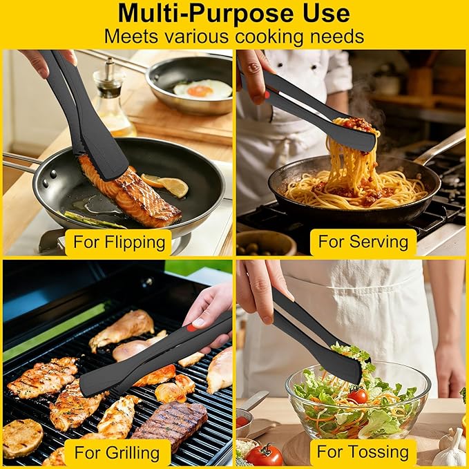 Beijiyi Kitchen Tongs for Cooking, 9" & 12" Set, Silicone Cooking Tongs with Silicone Tip for Nonstick Cookware, 600°F Heat Resistant, Stainless Steel Core, Great for Grilling and Serving Food (Black)
