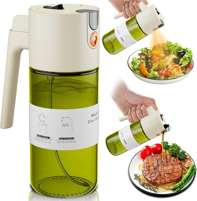 LAKUMIQI 2 in 1 Oil Sprayer for Cooking, 17oz | Light-Blocking Glass Spray Bottle with Stickers, Oil Dispenser for Salad, Air Fryer & BBQ