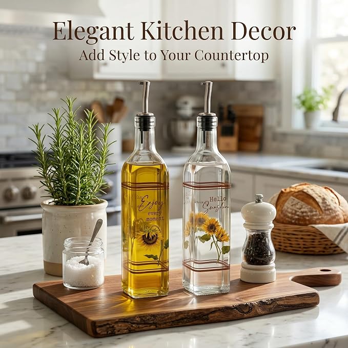 Topadorn 2-Pack 17oz Glass Olive Oil Dispenser Bottles with Stainless Steel Spout, Leak Proof Oil Dispenser Set, Folk Sunflower Rustic Kitchen Decor for Countertop & Cooking