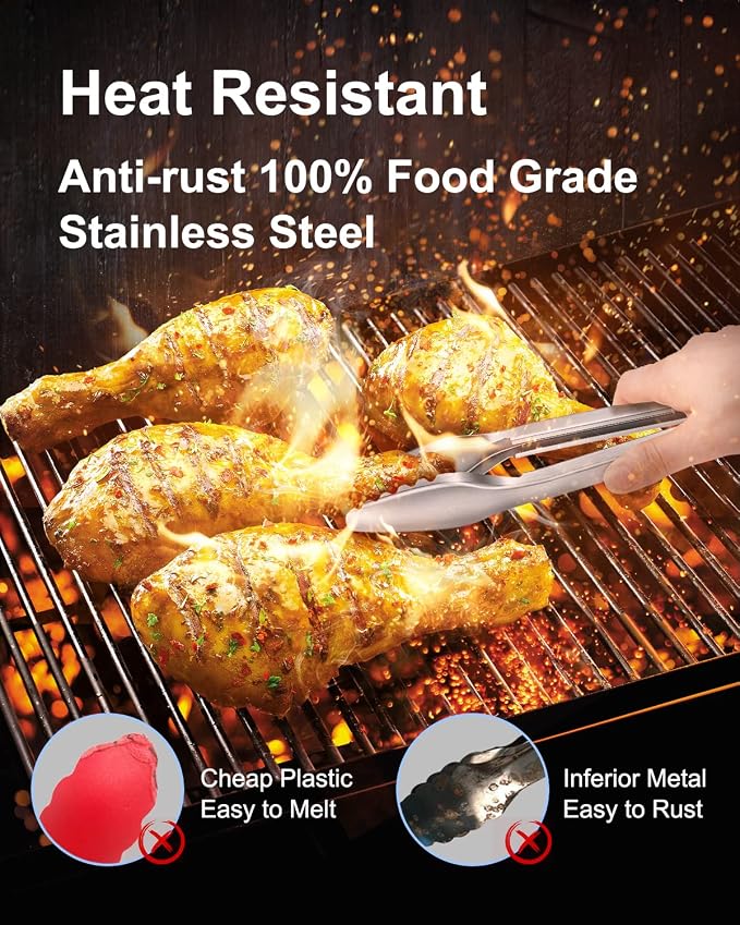 Kitchen Tongs with Teeth for Strong Gripping, 9 and 12-Inch, Black | 5-Layer Heavy Duty Stainless Steel, Good Gripping Teeth Prevent Loss of Food Into The Pot, Pull Lock, Dishwasher Safe, 1500 ℉