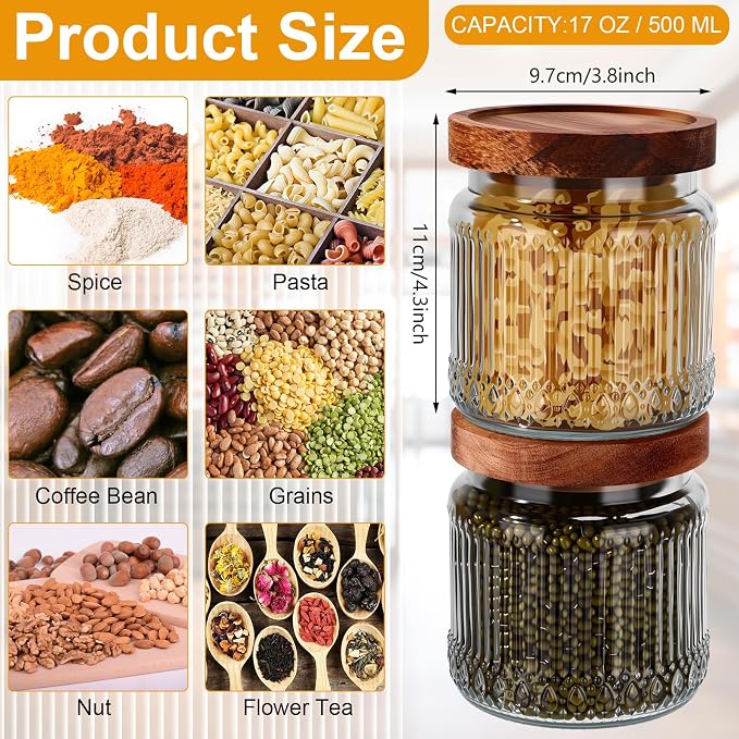 6 Pcs 500ml/17 oz Vintage Glass Jars with Wood Lids | Airtight Ribbed Containers, Wood Lids for Coffee Beans Tea Sugar Flour Spices, Stackable Pantry Countertop Storage Organizer
