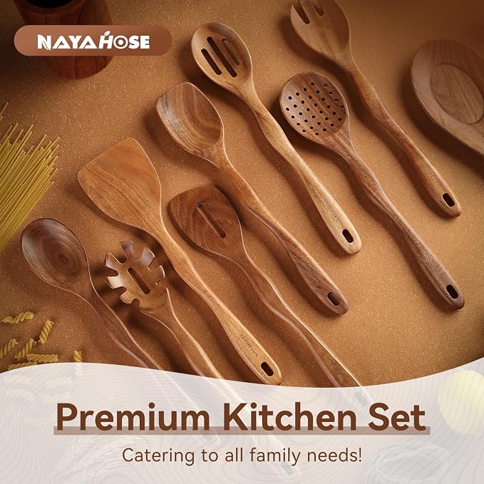 Kitchen 10PCS Teak Wooden Utensils Set With Holder and Spoon Rest | Non-stick, Easy to Clean, Durable, Smooth with Comfort Grip Wooden Spoons for Cooking - Non Toxic Wooden Cooking Utensil