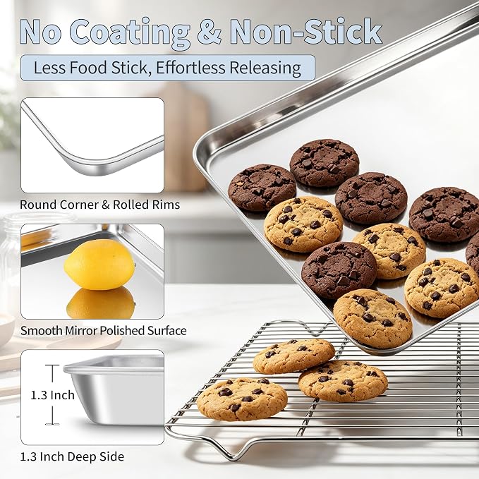 TeamFar Stainless Steel Baking Sheet with Rack Set, 20"x14"x1.2" | 2 Pans + 2 Racks, Cookie Sheet Baking Pan Tray with Cooling Rack for Cooking, Non-Toxic & Rust Proof, Dishwasher Safe