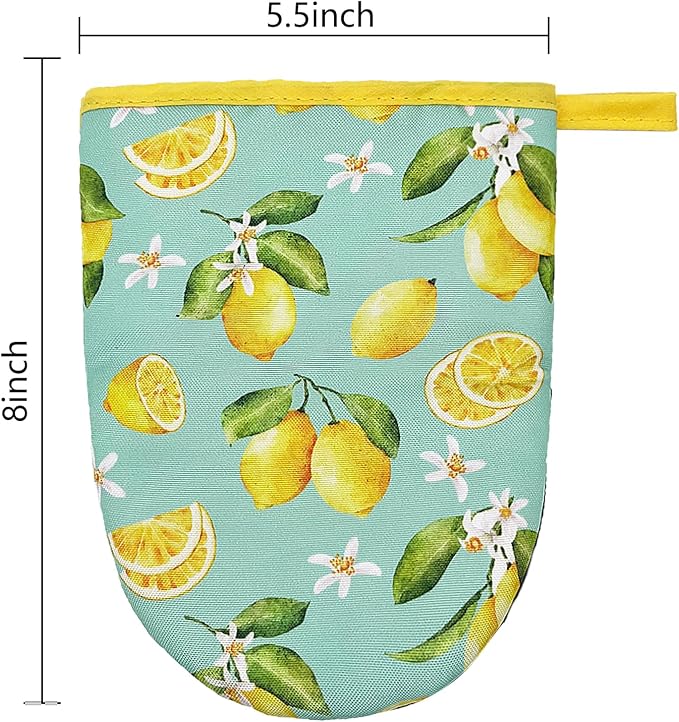 Lemon Mini Silicone Oven Mitts 2-Pack Set, Heat Slip Resistant Kitchen Gloves, Soft Short Oven Mittens for Safe Cooking Baking Grilling
