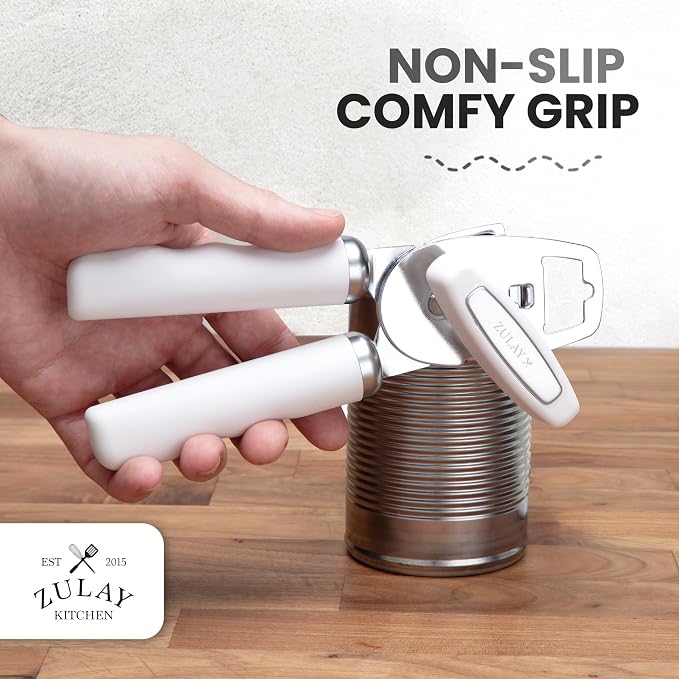 Zulay Kitchen Heavy Duty Stainless Steel Can Opener Manual with Bottle Opener - Rust Proof Manual Can Opener With Turn Knob & Comfy Soft Grip Handles - White