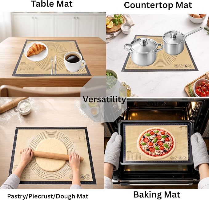 Silicone Pastry Mat with Measurements, 26 x 16 Inch Extra Thick Non-Slip Nonstick Large Baking Mat for Dough Rolling, Kneading, Fondant and Pie, Gray