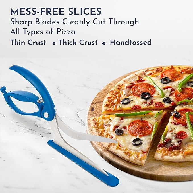 Pizza Scissors - Non-Stick Pizza Scissors with Firm Grip Base - Food Grade Stainless Steel Pizza Cutter - 5-in-1 Food Slicer & Pizza Server - Durable, Safe & Mess Free - Blue