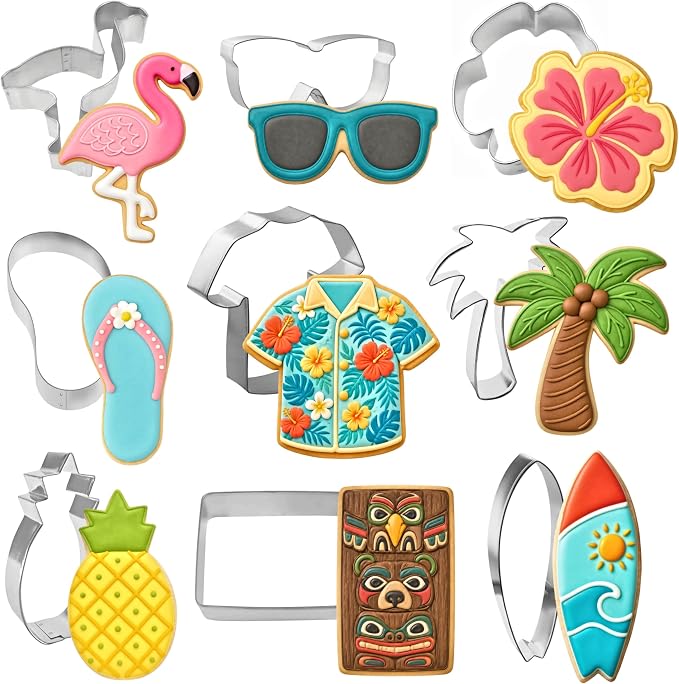 Hawaiian Luau Cookie Cutter 9 Piece Set from The Cookie Cutter Shop - Palm Tree, Hawaiian Shirt, Tiki, Flip Flop, Surfboard Cookie Cutters – Tin Plated Steel Cookie Cutters