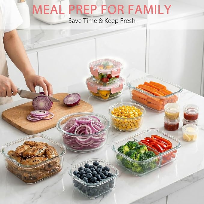AMALEKO 42pcs Glass Food Storage Containers with Lids Set, 21 Containers & 21 Lids Glass Meal Prep Containers with Snap Locking Lid Set, Leak Proof Lunch Container BPA-Free,Pink