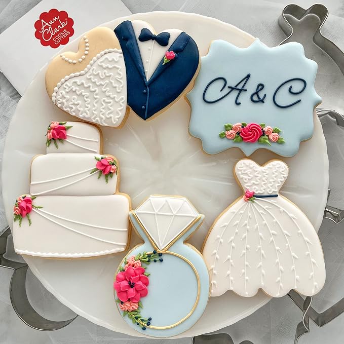 Ann Clark Wedding Cookie Cutters 5-Pc Set (Square Plaque, Wedding Cake, Wedding Dress, Diamond Ring, Double Heart) Made in USA