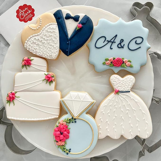 Ann Clark Wedding Cookie Cutters 5-Pc Set (Square Plaque, Wedding Cake, Wedding Dress, Diamond Ring, Double Heart) Made in USA