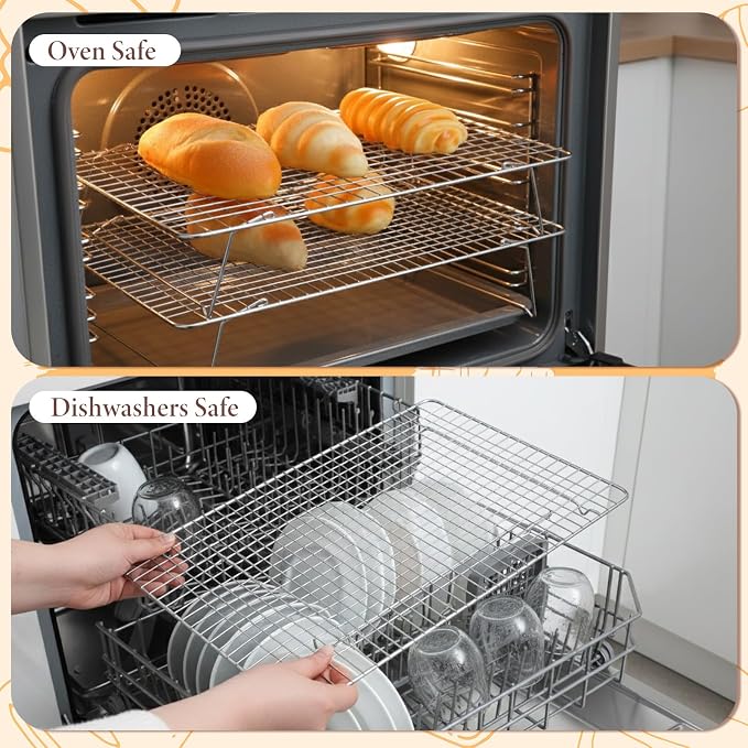 Stainless Steel Stackable Cooling Rack for Baking, 3-Tier Cooling Rack Set, Stackable Heavy Duty Stainless Steel Wire Racks, for Baking Cooking Grilling, Oven & Dishwasher Safe, 10”x 16”, Silver
