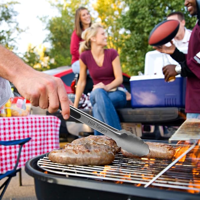 Set of 3: 7, 9, 12 inches, Heavy Duty, Non-Stick, Stainless Steel Silicone BBQ and Kitchen Tongs. Heat resistant up to 600°F (Silver)
