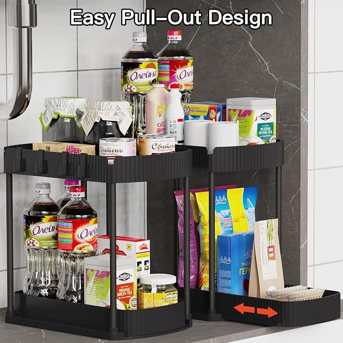 2 Packs Under Sink Pull-Out Storage Organizers, 14.8 Inches, Black | Multi-Purpose Cabinet Organizers and Storage for Bathroom & Kitchen