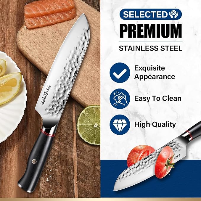 Freelander 7 Inch Chef Knife,Sharp Japanese Santoku Knife, High Carbon Stainless Steel Kitchen Knife, Professional Cooking Knife for Home and Kitchen with Ergonomic Handle
