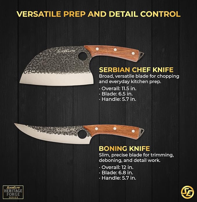 6PC Knife Set Leather Roll Cleaver Serbian Viking Boning Scimitar Kiritsuke | Butcher Knives • Kitchen Knife Set • Meat Cutting • BBQ • Carving • Slicing • Prep • Hammered Pattern Forged Steel Blades