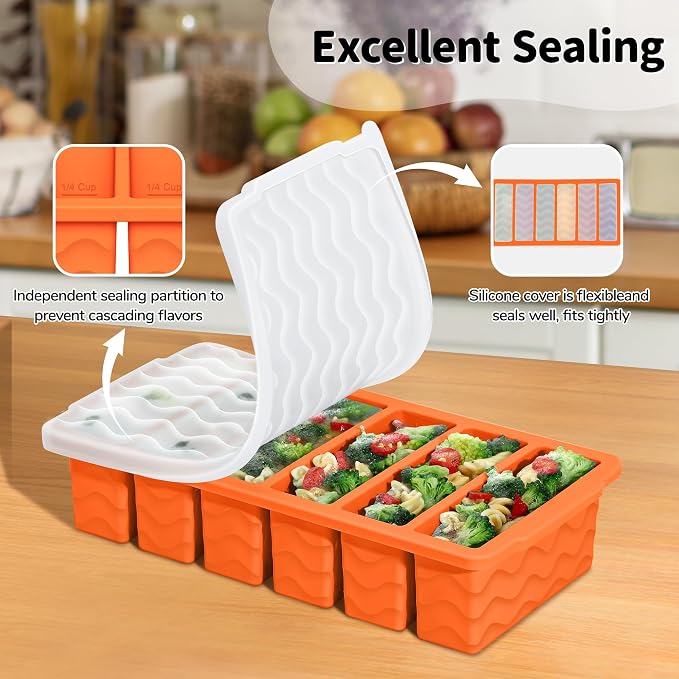 Doasuwish 3-Pack Silicone Freezer Trays with Lid,2 Large 2-Cup(500ml)&4 Medium 1-Cup(250ml)&6 Small 1/2-Cup(125ml) Soup Freezer Container Molds,Ice Cube Tray For Meal Prep&Freezing Soup,Stews,Sauces