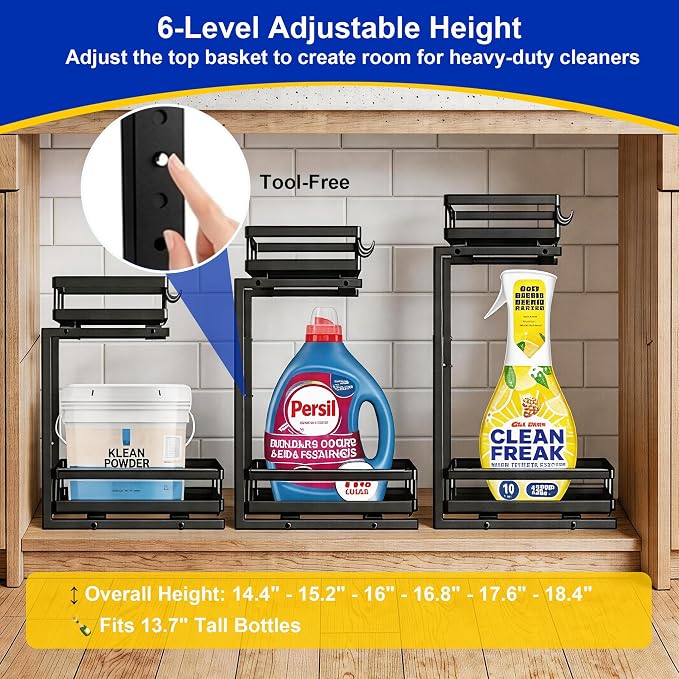 2-Tier Metal L-Shaped Pull-Out Under Sink Organizer, Black, 1 Pack | 1 complete set; ball-bearing slides; 6-level height; no-drill setup