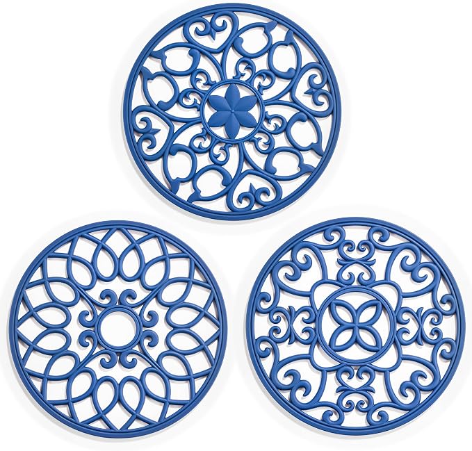SMARTAKE 3 Set Silicone Trivet Mats for Hot Dishes, Heat Resistant Pots and Pans Holders, Non-Slip Flexible Hot Pads Coasters for Countertops Table, Modern Kitchen Decor Accessories (Navy Blue)