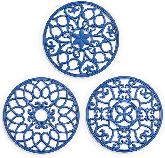 SMARTAKE 3 Set Silicone Trivet Mats for Hot Dishes, Heat Resistant Pots and Pans Holders, Non-Slip Flexible Hot Pads Coasters for Countertops Table, Modern Kitchen Decor Accessories (Navy Blue)